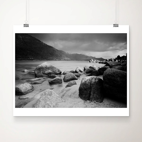 Black and white Sand Harbor print, Lake Tahoe photograph, California print, wilderness art, large wall art