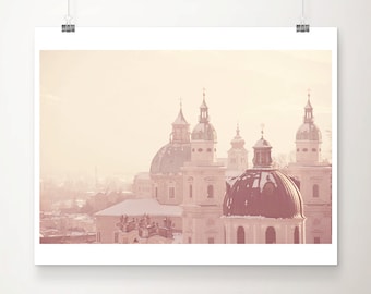 SALE Salzburg photography, snow photograph, travel photography, Austria print, cathedral photograph, Salzburg rooftops