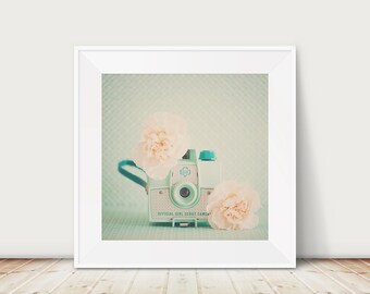 mint green camera photograph, girl scout camera print, peach carnation print, nursery wall art