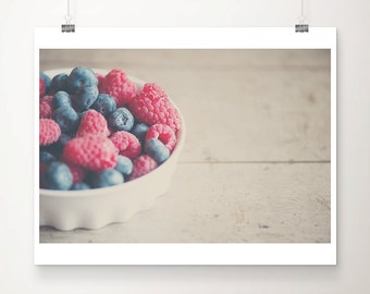 blueberry raspberry photograph, rustic decor,  fruit wall art, food photography, kitchen wall art