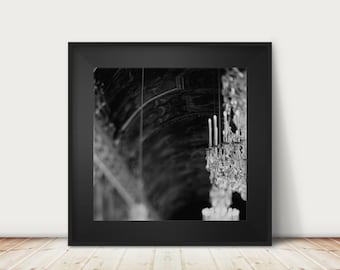 black and white Paris photograph, Palace of Versailles print, Hall of Mirrors print, square Paris decor, french decor