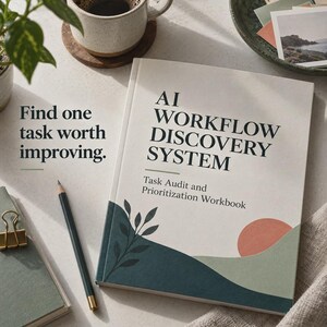 Może przedstawiać: Ćwiczeniówka zatytułowana AI WORKFLOW DISCOVERY SYSTEM: Task Audit and Prioritization Workbook. Okładka ma kremowe tło z ilustracją ciemnozielonego liścia, szałwiowo-zielonym krajobrazem i grafiką słońca w kolorze terakoty.
