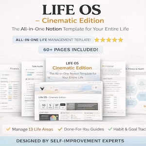 May include: An advertisement for "LIFE OS - Cinematic Edition," a Notion template for life management. The image displays several open pages with sections for finance and fitness. Text highlights features such as 60+ pages, 13 life areas, and done-for-you guides.