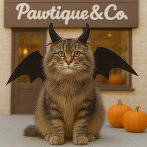 以下が含まれることがあります： 黒いコウモリの羽と悪魔の角が付いたハロウィーンのコスチュームを着たトラ猫。猫は「Pawtique & Co.」の文字と2つのオレンジ色のカボチャがある店の前に座っています。