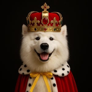May include: A smiling white dog wearing a red and black cape, a gold crown with red and blue jewels, and a yellow bow. The image has the text "Pawtique&Co" at the bottom.