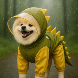 May include: A dog in a green and yellow dinosaur costume, smiling in the rain. The costume features a hooded jacket with yellow spikes and matching trousers. The dog is standing on a wet surface, with the text "pawtique&co" at the bottom.