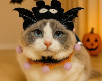 かぎ針編みのハロウィンペットコスチューム - 魔女の帽子と首輪、カボチャのコウモリの衣装