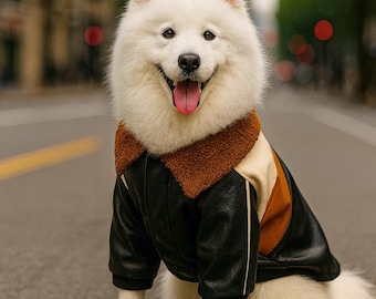 Faux Leather Winter Jacket with Sherpa Collar • Warm Full-Body Outerwear for Medium & Large Breeds • Cold-Weather Pet Apparel