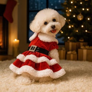 Può includere: Un cane Bichon Frise bianco con un costume da Babbo Natale rosso e bianco con cintura nera e fibbia argentata. Il cane è davanti a un albero di Natale con luci e regali.
