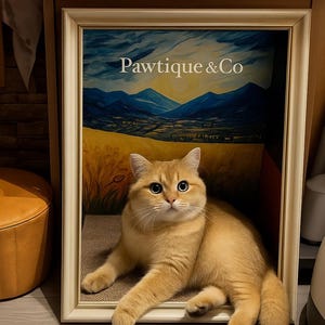 Puede incluir: Un gato dorado con ojos azules está sentado dentro de una obra de arte enmarcada. La obra presenta un paisaje con montañas y campos, con el texto "Pawtique & Co". El marco es blanco.