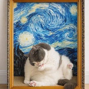 May include: A framed print depicting a cat in front of Van Gogh's "Starry Night." The cat, with grey and white fur, is grooming itself. The gold frame has detailed ornamentation, enhancing the artwork's classic appeal.