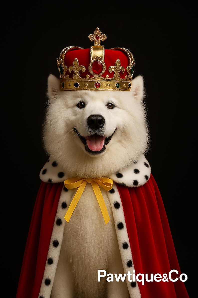 May include: A smiling white dog wearing a red and black cape, a gold crown with red and blue jewels, and a yellow bow. The image has the text "Pawtique&Co" at the bottom.