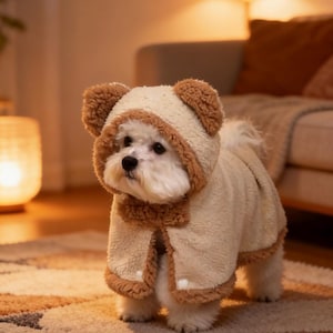 Könnte beinhalten: Ein kleiner weißer Hund trägt ein beige-braunes Bärenkostüm mit Kapuze und Ohren. Der Hund steht auf einem gemusterten Teppich. Das Kostüm hat ein kapuzenartiges Design und ist aus weichem, plüschigem Material.