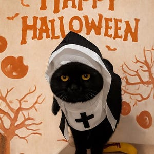May include: A black cat dressed in a nun's habit with a white collar and a black cross. The background features the words "HAPPY HALLOWEEN" in orange, along with bats and pumpkins, creating a festive Halloween theme.