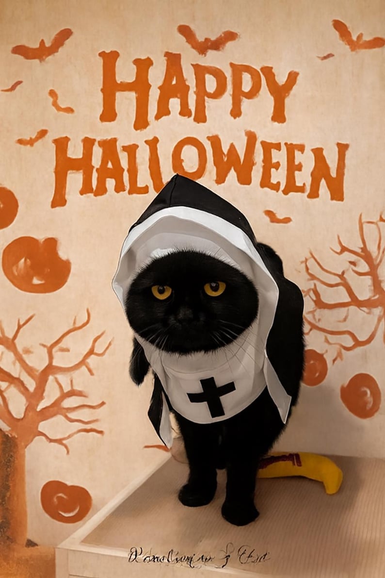 May include: A black cat dressed in a nun's habit with a white collar and a black cross. The background features the words "HAPPY HALLOWEEN" in orange, along with bats and pumpkins, creating a festive Halloween theme.