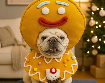 Custom Size Gingerbread Dog Costume • Holiday Headpiece & Cape Set • Christmas Dress-Up Outfit for All Breeds