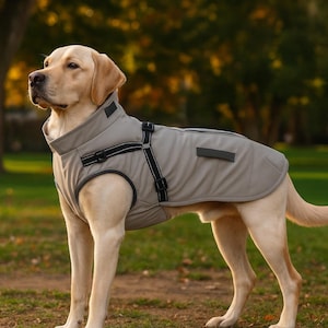Op de afbeelding: Een lichtgekleurde Labrador Retriever draagt een grijze hondenjas met zwarte bandjes en accenten. De jas heeft een hoge kraag en een gestroomlijnd ontwerp. De tekst "PAWTIQUE & CO" staat in het wit bovenaan de afbeelding.