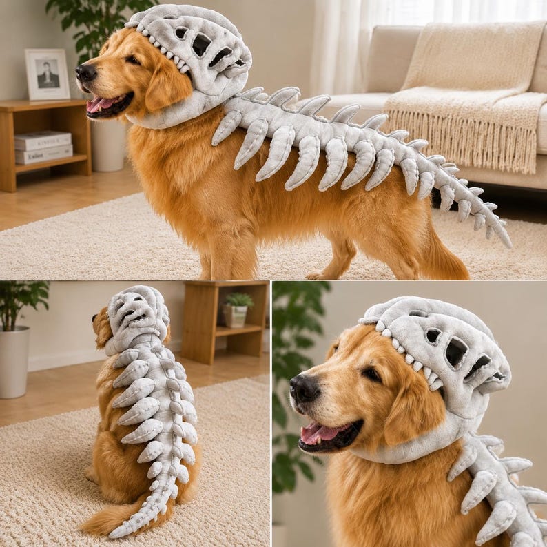 May include: A light gray plush dinosaur costume for a dog, featuring a detailed headpiece with eye openings and a long, segmented spinal ridge that extends down the back, crafted from soft fabric with visible stitching along the edges.