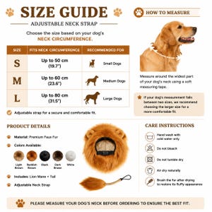 May include: A size guide infographic for a pet lion mane costume with an adjustable neck strap. It displays a table with sizes S, M, and L for neck circumferences up to 19.7, 23.6, and 31.5 inches, alongside care instructions and product details.