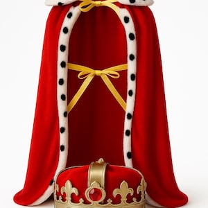 May include: A red pet cape with white trim and black polka dots, paired with a gold and red crown. The cape has yellow ribbon ties. The crown features colorful jewels and gold accents. The text "Pawtique&Co" is at the bottom.
