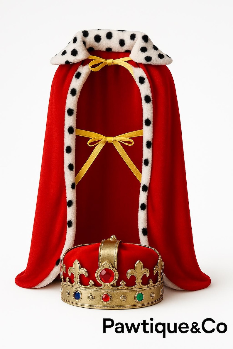 May include: A red pet cape with white trim and black polka dots, paired with a gold and red crown. The cape has yellow ribbon ties. The crown features colorful jewels and gold accents. The text "Pawtique&Co" is at the bottom.