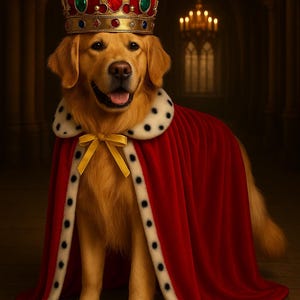 May include: A golden retriever wearing a royal red cape with a black and white trim, a gold crown with red and green jewels, and a yellow bow. The image has the text "Pawtique&Co" at the bottom.