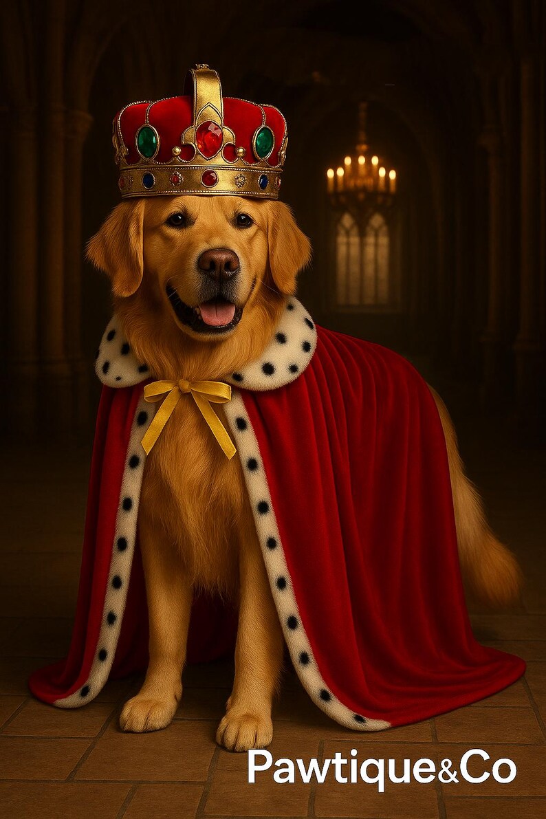 May include: A golden retriever wearing a royal red cape with a black and white trim, a gold crown with red and green jewels, and a yellow bow. The image has the text "Pawtique&Co" at the bottom.