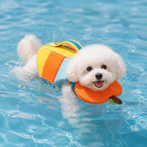 May include: A small white dog with curly fur swimming in blue water while wearing a bright life jacket. The life vest features panels of yellow, orange, and light blue, with a prominent orange neck float and a handle on the back for support.