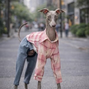 以下が含まれることがあります： ピンクのチェック柄のシャツと青いジーンズを着たグレーのイタリアン・グレーハウンドが、街の通りに立っています。犬の頭はまっすぐで、耳は立っています。シャツとジーンズは犬のためにカスタムメイドされているようです。