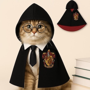 May include: A cat dressed in a black hooded cape, white collared shirt, and black tie, with round glasses. The cape features a crest. A matching cape is displayed to the side. The logo "Pawtique & Co" is at the top.