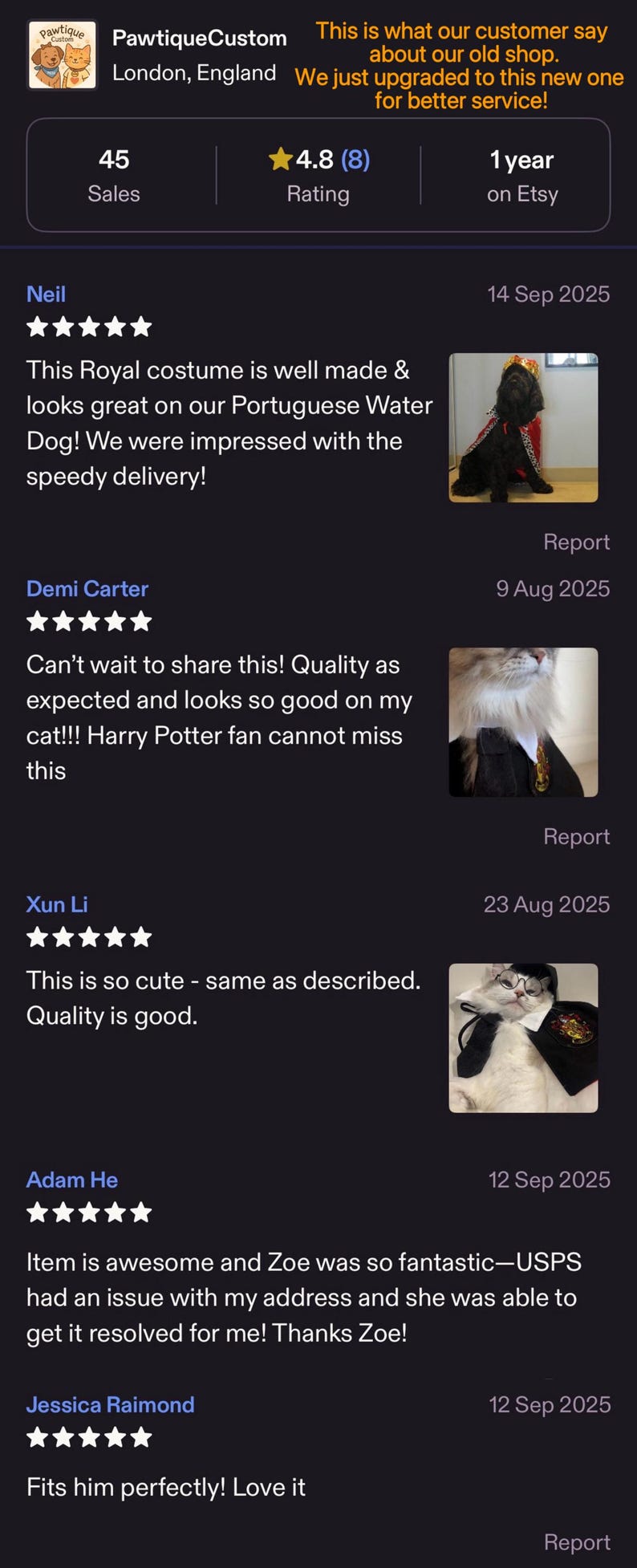 May include: Screenshot of an Etsy shop, PawtiqueCustom, with a 4.8-star rating and customer reviews. The shop is based in London, England. Reviews mention costumes for pets, including a Portuguese Water Dog and a cat.