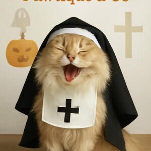 May include: A fluffy, light brown cat dressed in a nun's habit, complete with a black veil and a white bib featuring a black cross. The cat is yawning widely. A pumpkin and ghost illustration are in the background.