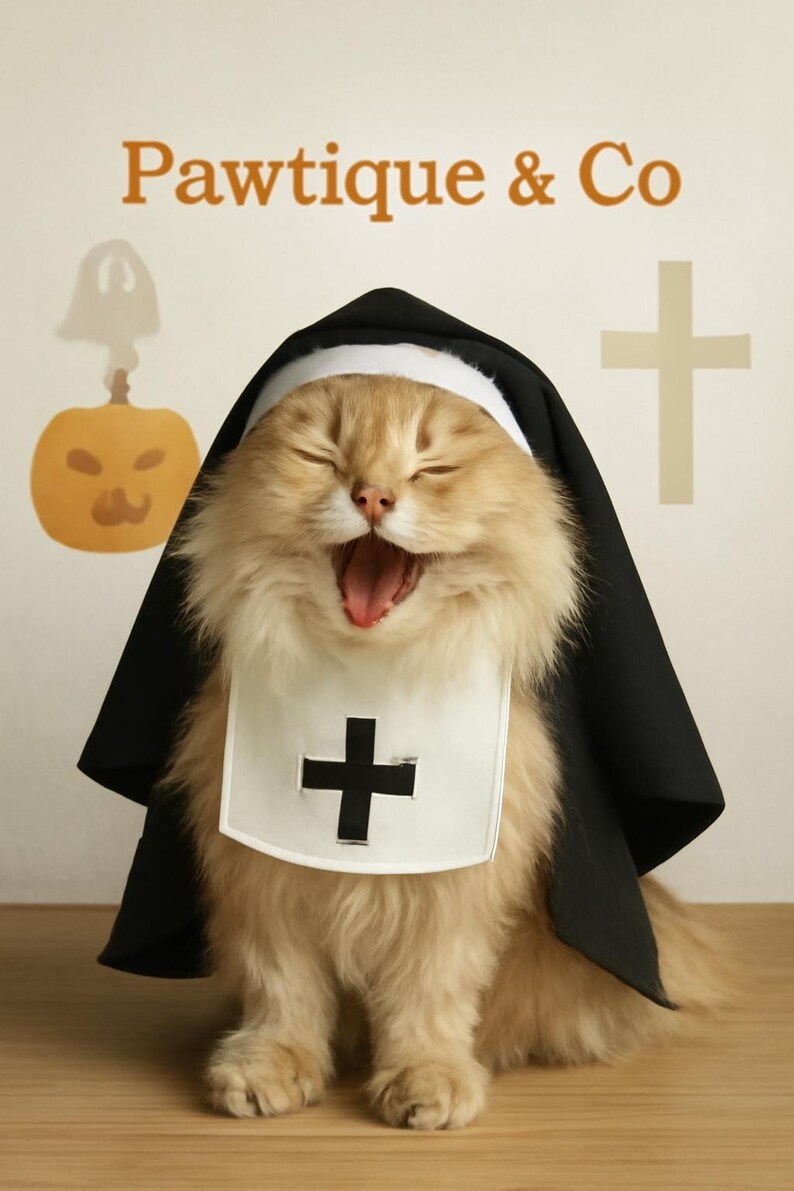 May include: A fluffy, light brown cat dressed in a nun's habit, complete with a black veil and a white bib featuring a black cross. The cat is yawning widely. A pumpkin and ghost illustration are in the background.