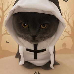 May include: A gray cat wearing a white and black hooded costume with a cross on the front. The cat has yellow eyes and is set against a Halloween-themed background with bats and bare trees. The logo "Pawtique & Co" is at the bottom.