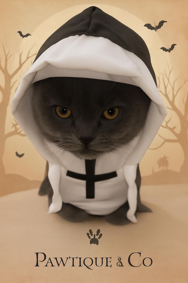 May include: A gray cat wearing a white and black hooded costume with a cross on the front. The cat has yellow eyes and is set against a Halloween-themed background with bats and bare trees. The logo "Pawtique & Co" is at the bottom.