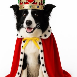 May include: A black and white dog wearing a red cape with a white fur trim and black spots, a gold crown with red and green jewels, and a yellow bow tie. The image includes the text "Pawtique&Co".