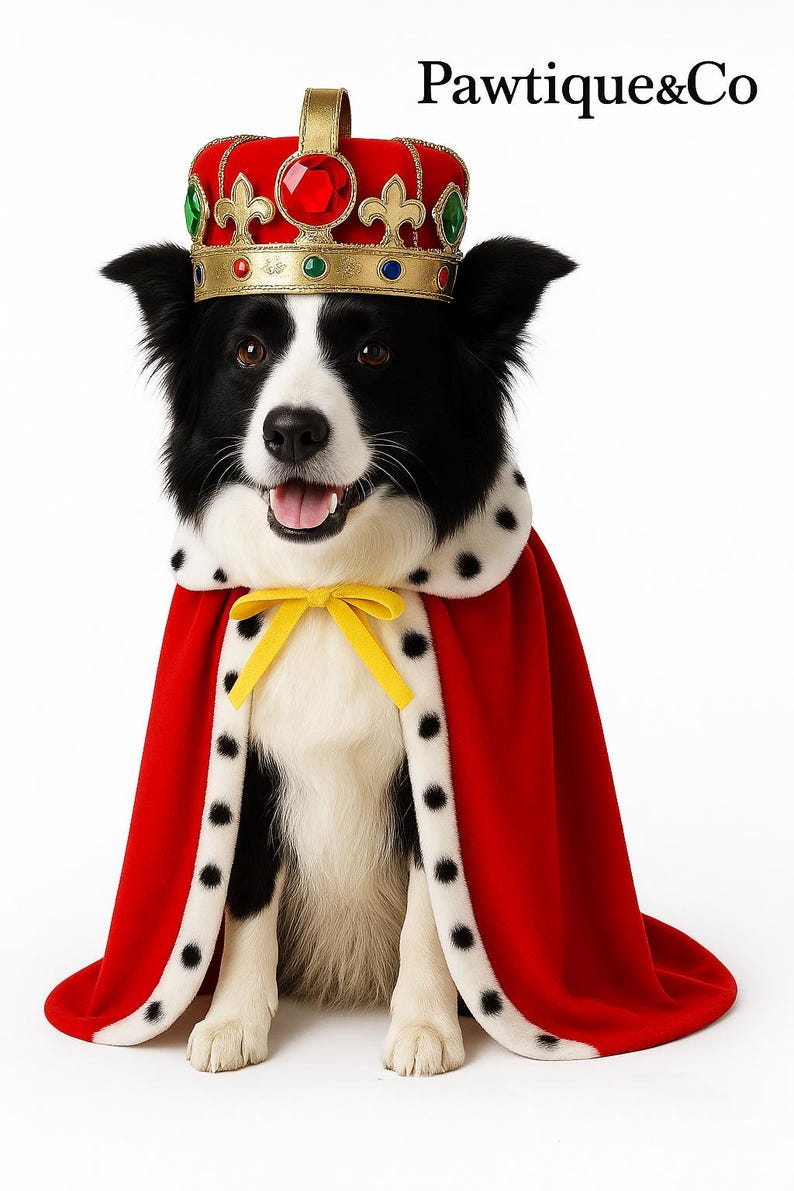 May include: A black and white dog wearing a red cape with a white fur trim and black spots, a gold crown with red and green jewels, and a yellow bow tie. The image includes the text "Pawtique&Co".