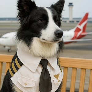 May include: A black and white dog wearing a white pilot shirt collar with a black necktie, gold shoulder epaulets with three stripes, and a gold wing emblem on the chest pocket. The text PAWTIQUE & CO is visible in the upper left corner.