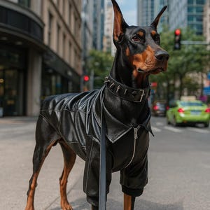 May include: A black Doberman Pinscher dog wearing a black leather jacket with a zip and a studded collar. The dog is standing on a city street with buildings in the background.