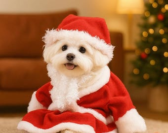 May include: A small white dog wearing a Santa Claus outfit, including a red hat and coat with white trim. The dog is sitting on a beige rug, with a Christmas tree and a wrapped gift in the background.