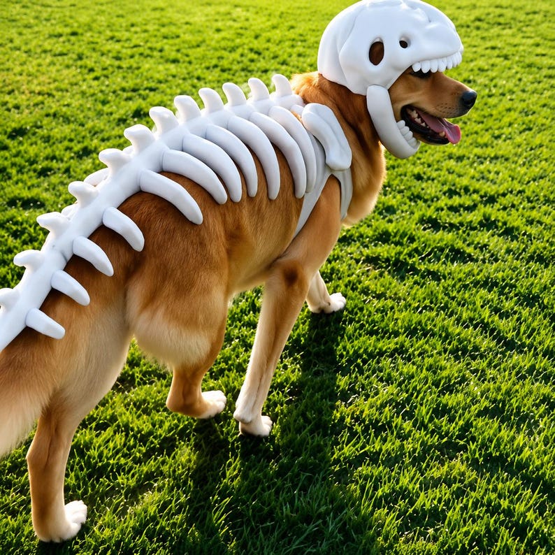 May include: A brown dog wearing a white foam skeleton costume that includes a headpiece shaped like a skull with teeth and a spinal column piece that extends along the back, featuring individual vertebrae segments made of white material.