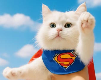 Könnte beinhalten: Eine weiße Katze mit einem blauen Superman-Bandana und einem roten Umhang, gehalten vor einem blauen Himmel mit Wolken. Die Katze hebt ihre Pfote. Das Logo "Pawrique" ist oben rechts zu sehen.