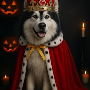 May include: A dog dressed as a king, wearing a red velvet cape with a white and black trim, and a gold crown with jewels. The dog is smiling with its tongue out. The background includes lit candles and carved pumpkins.