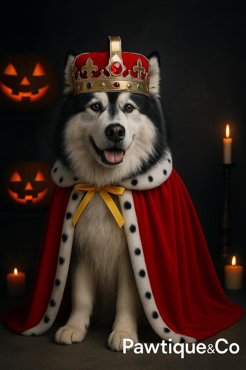 May include: A dog dressed as a king, wearing a red velvet cape with a white and black trim, and a gold crown with jewels. The dog is smiling with its tongue out. The background includes lit candles and carved pumpkins.
