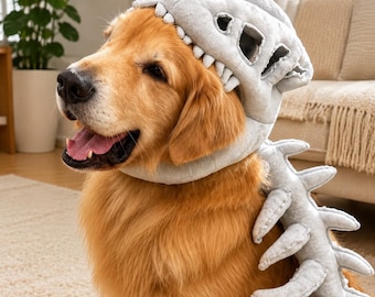 Dinosaur Skeleton Dog Costume, Plush Skull Headpiece, Spooky Pet Halloween Outfit