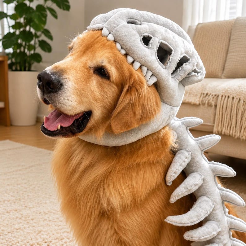 May include: A golden-colored dog wearing a soft, light gray plush dinosaur costume. The headpiece features a stylized skull design with visible teeth, and a long, segmented tail piece with pointed spikes extends down the back of the animal.