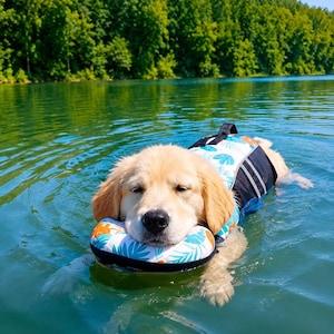 Puede incluir: Un perro golden retriever nadando en un lago con un chaleco salvavidas para perros. El chaleco tiene una base blanca con un patrón tropical de hojas azules y naranjas, un panel lateral negro con tiras reflectantes y un asa negra en la parte superior.