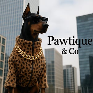 May include: A Doberman Pinscher wearing sunglasses, a leopard print jacket, and a gold chain necklace. The jacket is zipped up and has a high collar. The text "Pawtique & Co" is displayed in black.