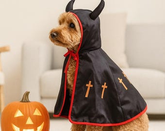 Puede incluir: Un perro con un disfraz de diablo negro con ribete rojo y cruces naranjas. El disfraz incluye una capucha con cuernos negros. Una calabaza naranja tallada con una cara iluminada está al lado del perro. Tema de Halloween.