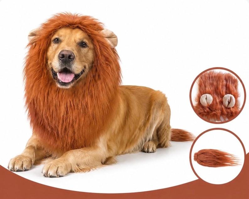 May include: A golden dog wearing a long, orange-brown faux fur lion mane costume with attached ears. The set includes a separate piece featuring two plush ears on a fur base and a matching long, tapered faux fur tail attachment for the animal.